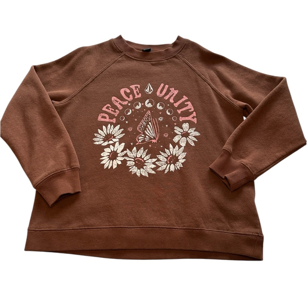 VOLCOM Crewneck Sweatshirt Brown Scene Lite Peace Unity Girls Size Medium